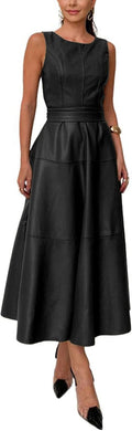CHARTOU Women PU Faux Leather Sleeveless Flowy Long Dress - Elegant