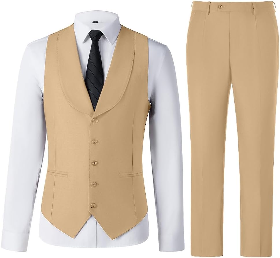 Mens Slim Fit Wedding Groomsmen Suit Vest Pants Set for Men