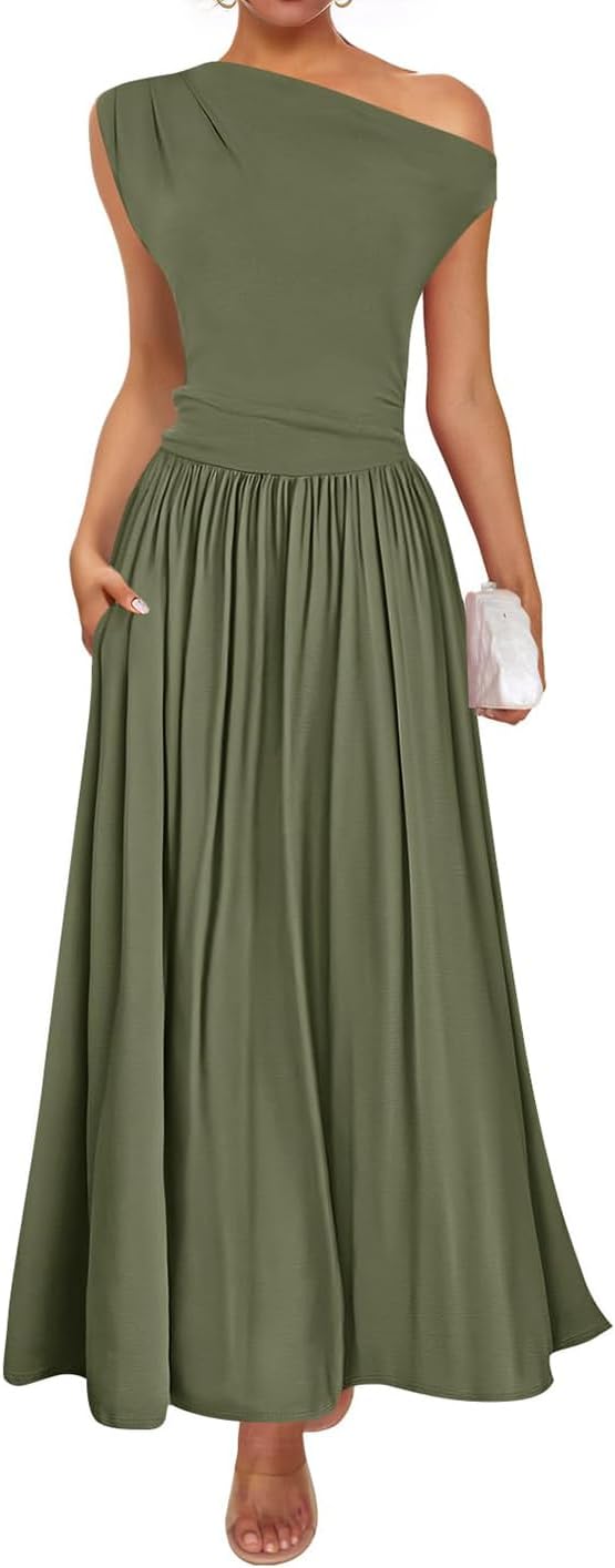 ZESICA Women's Summer Maxi Dress with One Shoulder Design