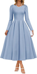 Women's Long Sleeve Midi Dress with Pockets - Elegant A-Line