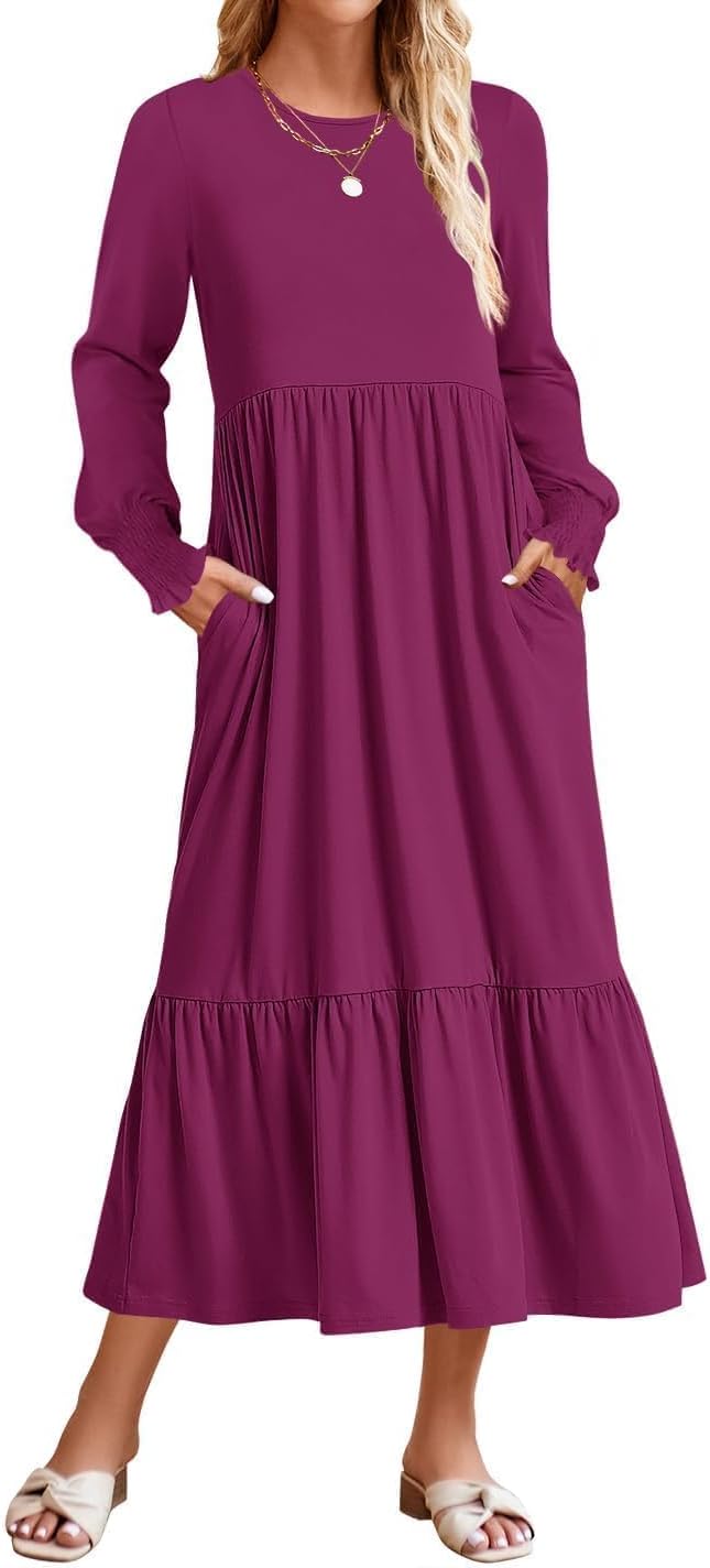 ZESICA Women's Fall Long Sleeve Midi Dress with Pockets