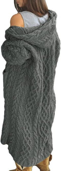 Womens Long Cable Knit Open Cardigan with Hood - Cozy Lightweight