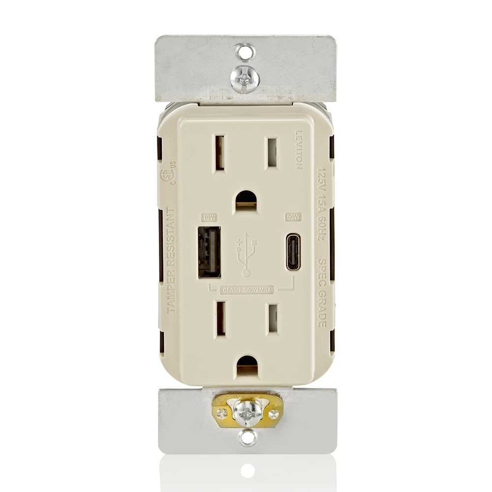 Leviton T5634-T USB Dual Charger with Tamper-Resistant Outlet
