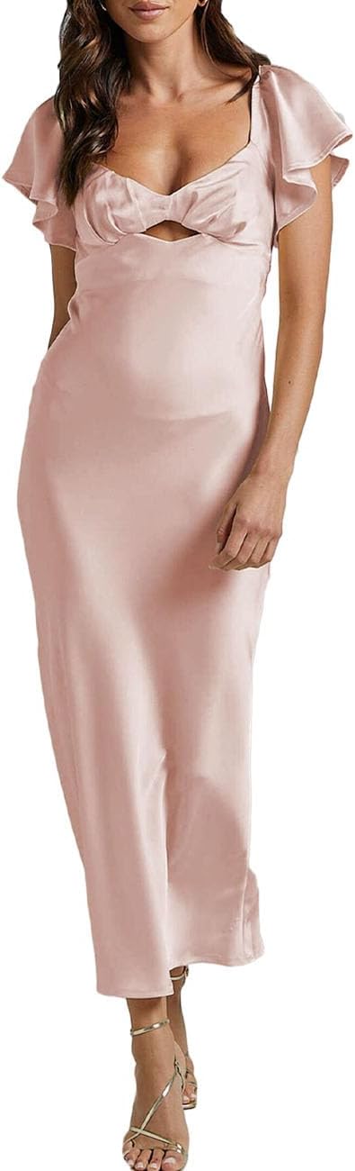 Summer Satin Flutter Sleeve Wedding Guest Dresses for Women