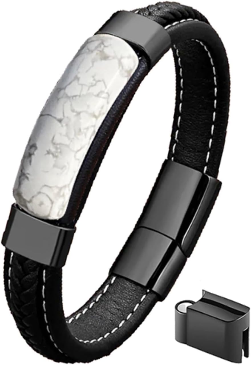 Men's Natural Stone and Black Leather Bracelet for Unique Style
