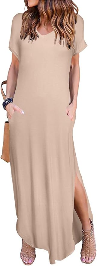 HUSKARY Women's Summer Maxi Dress with Pockets and Split Style