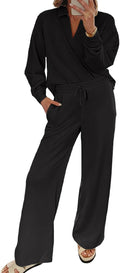 Two Piece Lounge Set Women V Neck Sweatshirt and Wide Leg Pants