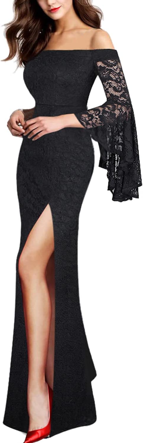 VFSHOW Womens Off Shoulder Bell Sleeve Maxi Dress for Events