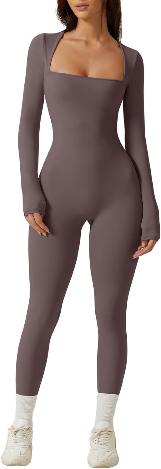 QINSEN Womens Sexy Square Neck Long Sleeve Jumpsuit for Fall