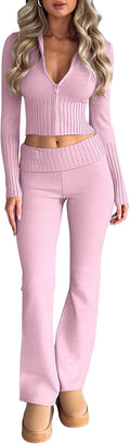 LILLUSORY Women's 2 Piece Knit Sets Slim Fit Zip Up Hooded Flare Pants