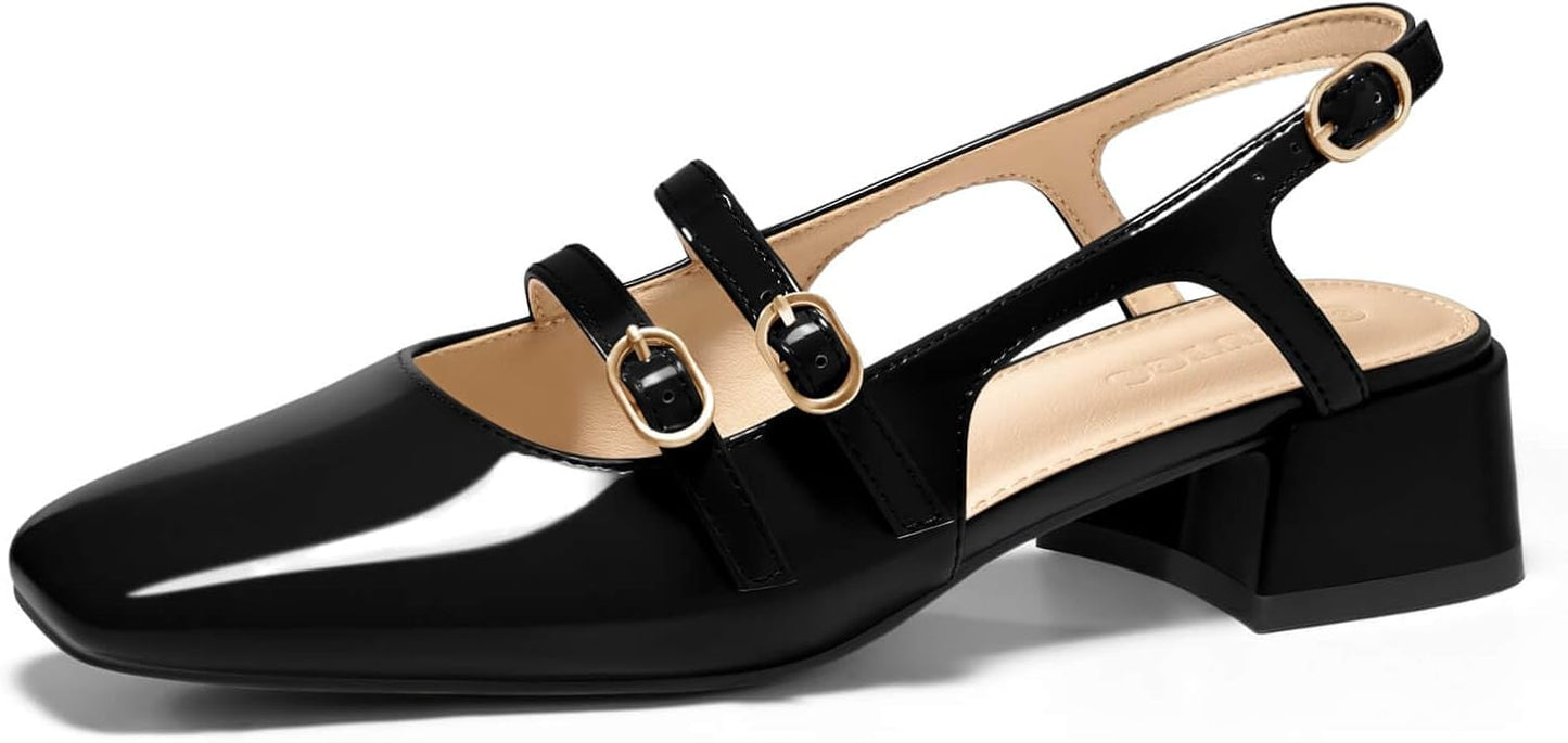 Coutgo Womens Mary Jane Chunky Low Heels Slingback Pumps