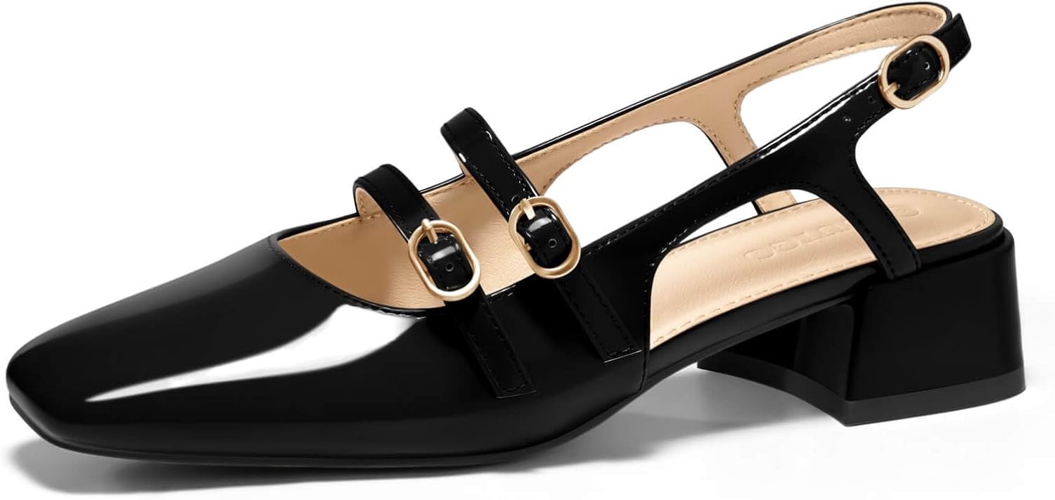 Coutgo Womens Mary Jane Chunky Low Heels Slingback Pumps