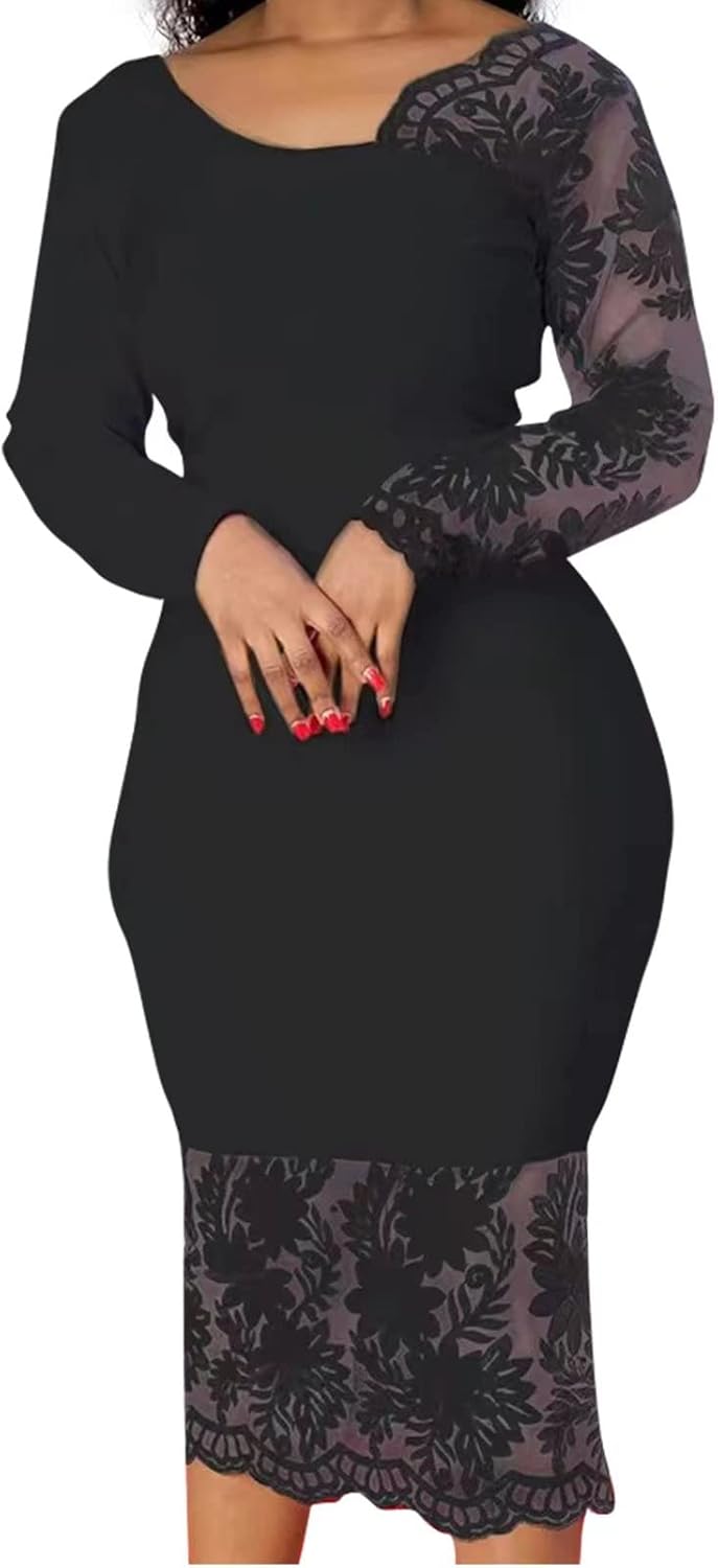 Elegant Floral Lace Patchwork Long Sleeve Evening Gown Dress