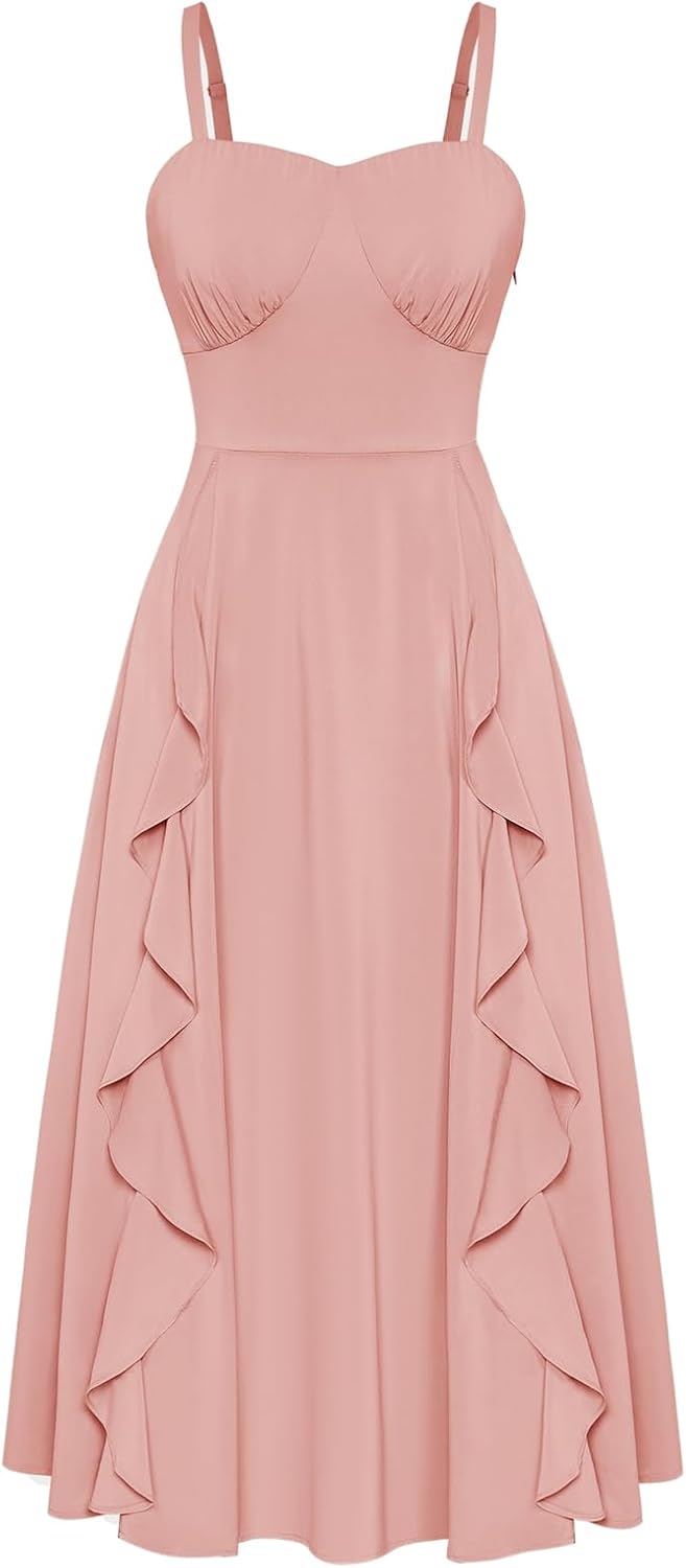 Boho Midi Sun Dress for Women - Ruffle Wedding Guest Dress