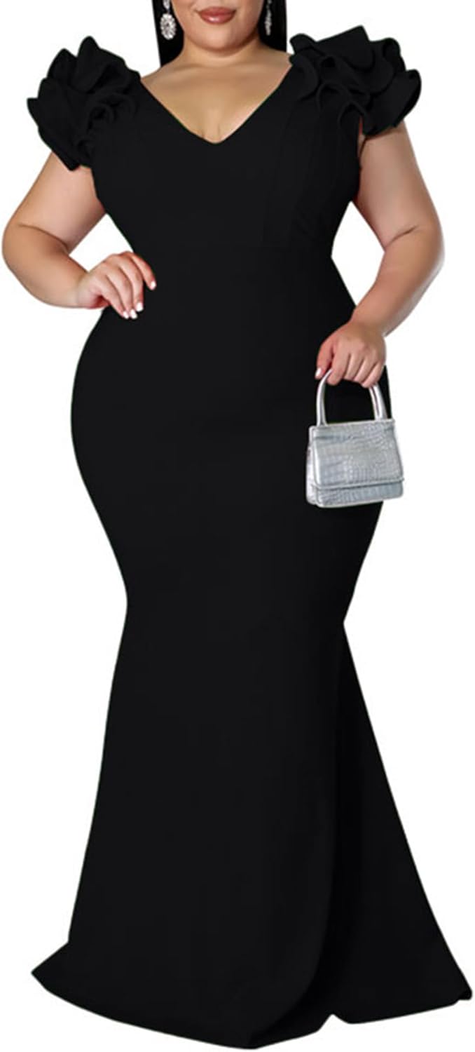 Elegant Plus Size Maxi Dress with Ruffle Sleeves for Women