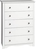 Prepac Monterey 5-Drawer Chest for Bedroom - Compact White Organizer