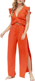 FANCYINN Womens 2 Piece Deep V Crop Top and Wide Leg Pants Set Jewelry