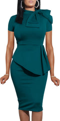 Women Peplum Bodycon Short Sleeve Bow Ruffle Pencil Dress - Elegant