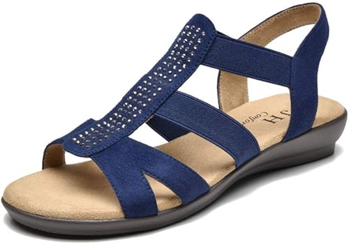 VJH confort Women's Flat Sandals with Rhinestone Open Toe Design
