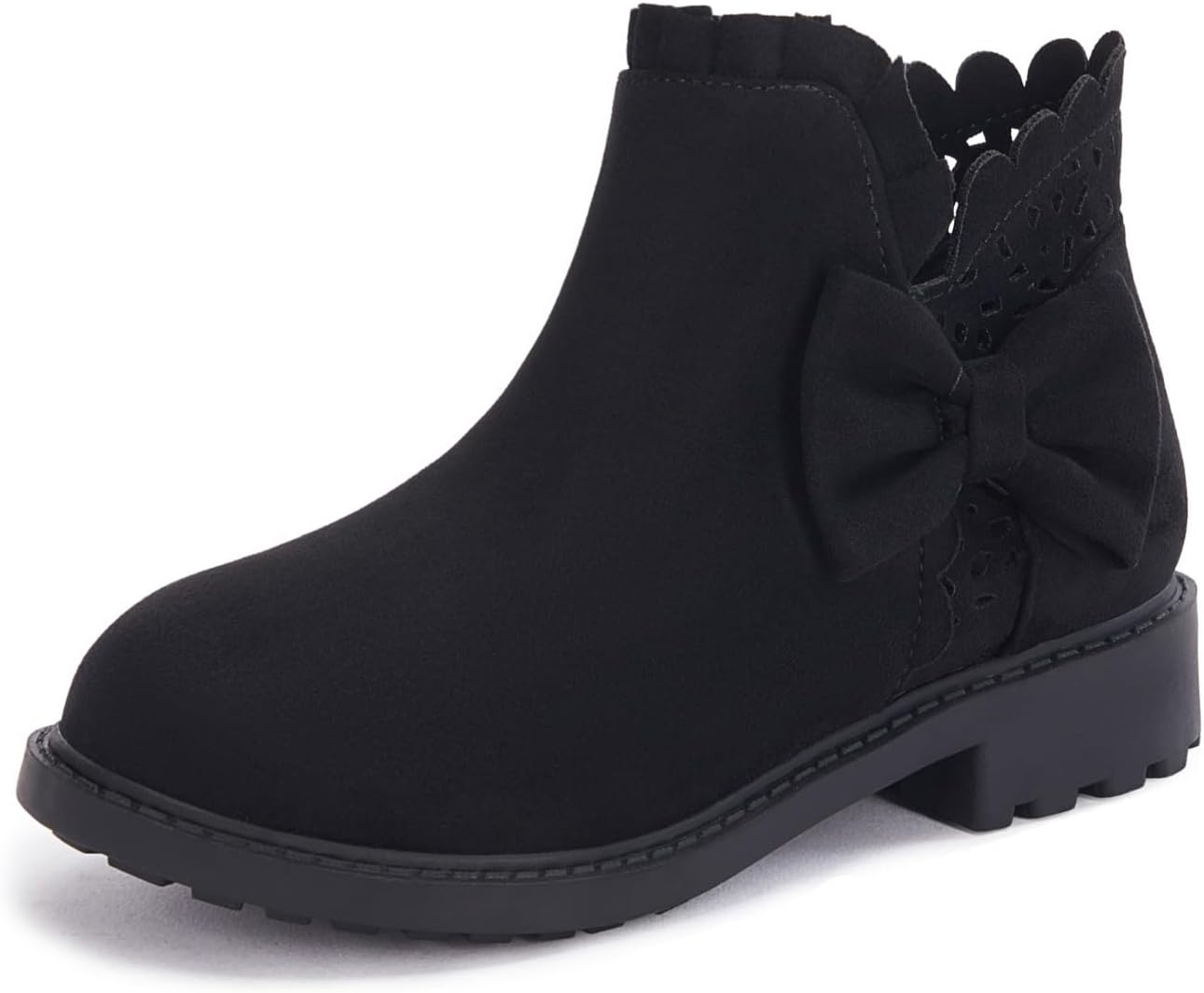 Coutgo Girls Bow Ankle Boots with Ruffled Chunky Heel Design