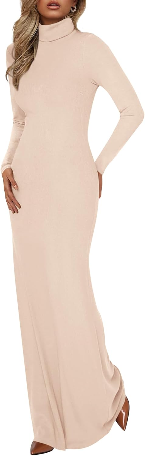 Trendy Long Sleeve Turtle Neck Maxi Dress for Women 2025