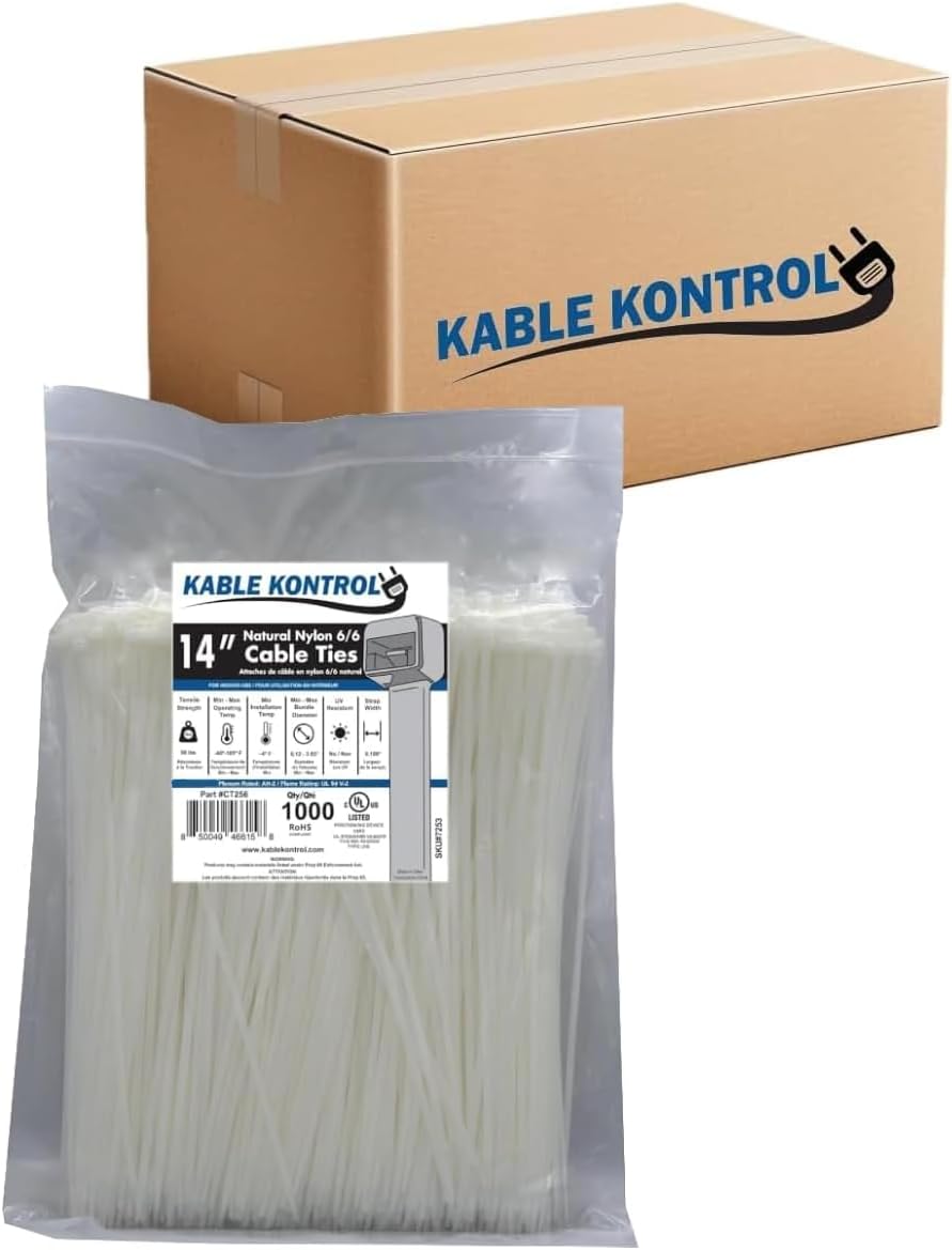Kable Kontrol 14 Inch Natural White Zip Ties for All Uses