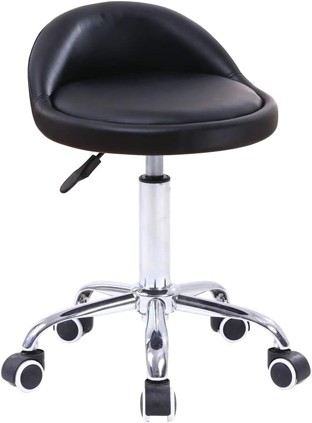 KKTONER PU Leather Round Rolling Stool with Back Rest for Comfort