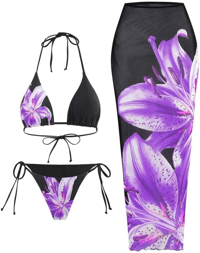 ZAFUL Womens 3pcs Swimsuit Floral Halter Triangle Bikini Set
