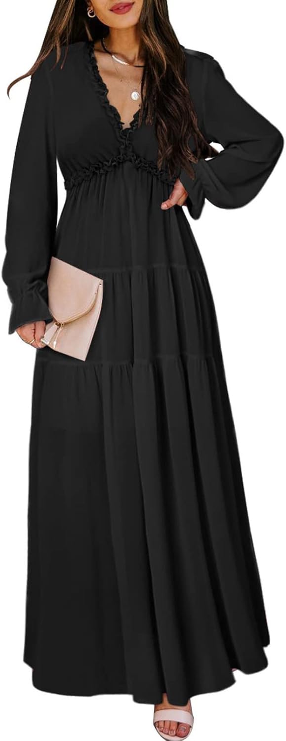Bohemian Style Womens Casual Deep V Neck Maxi Dress for Summer