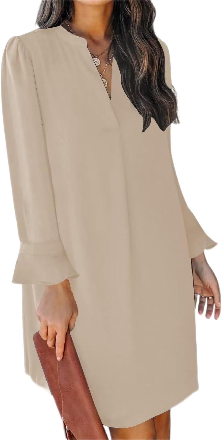 QACOHU Fall Dresses for Women V Neck Long Sleeves Mini Tunic