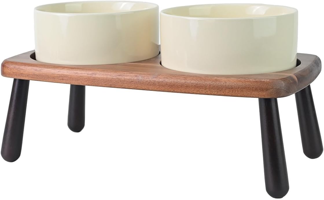 Elevated Dog Bowls Set with Acacia Bamboo Stand for Pets