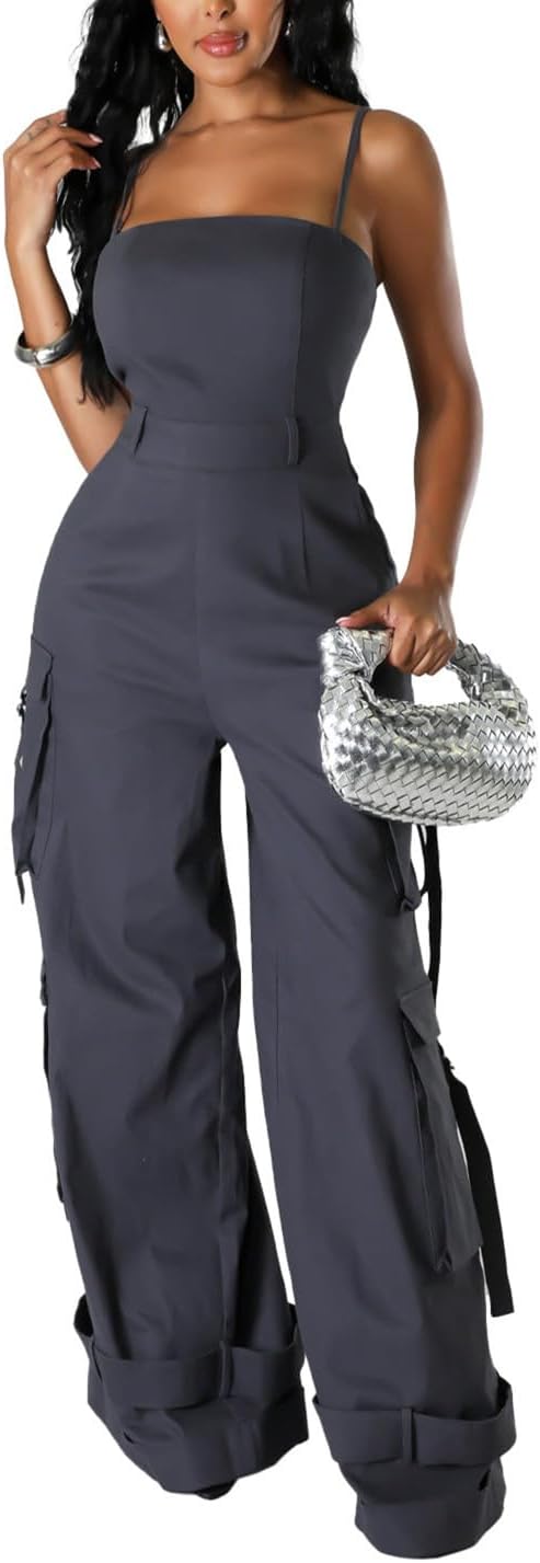 Womens Cargo Jumpsuit Sexy One Piece Outfit with Multi Pockets