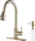 Gold Pull Down Kitchen Faucet with Soap Dispenser - High Arc Single