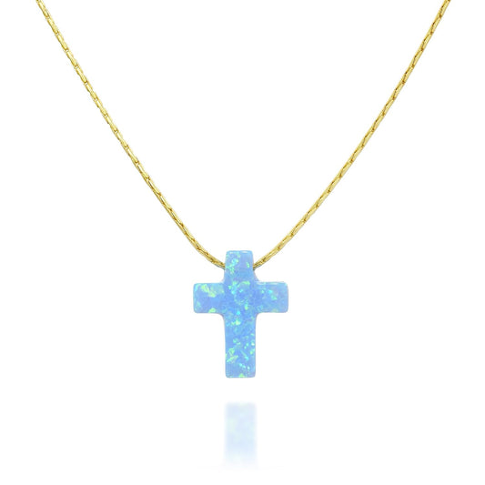 Blue Opal Cross Gold Filled Choker Necklace for Minimalist Style