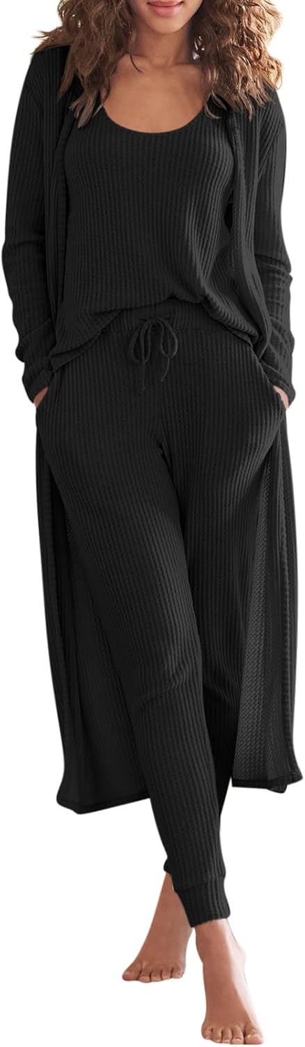 Eurivicy Womens Lounge Set Waffle Knit 3 Piece Pajama Set