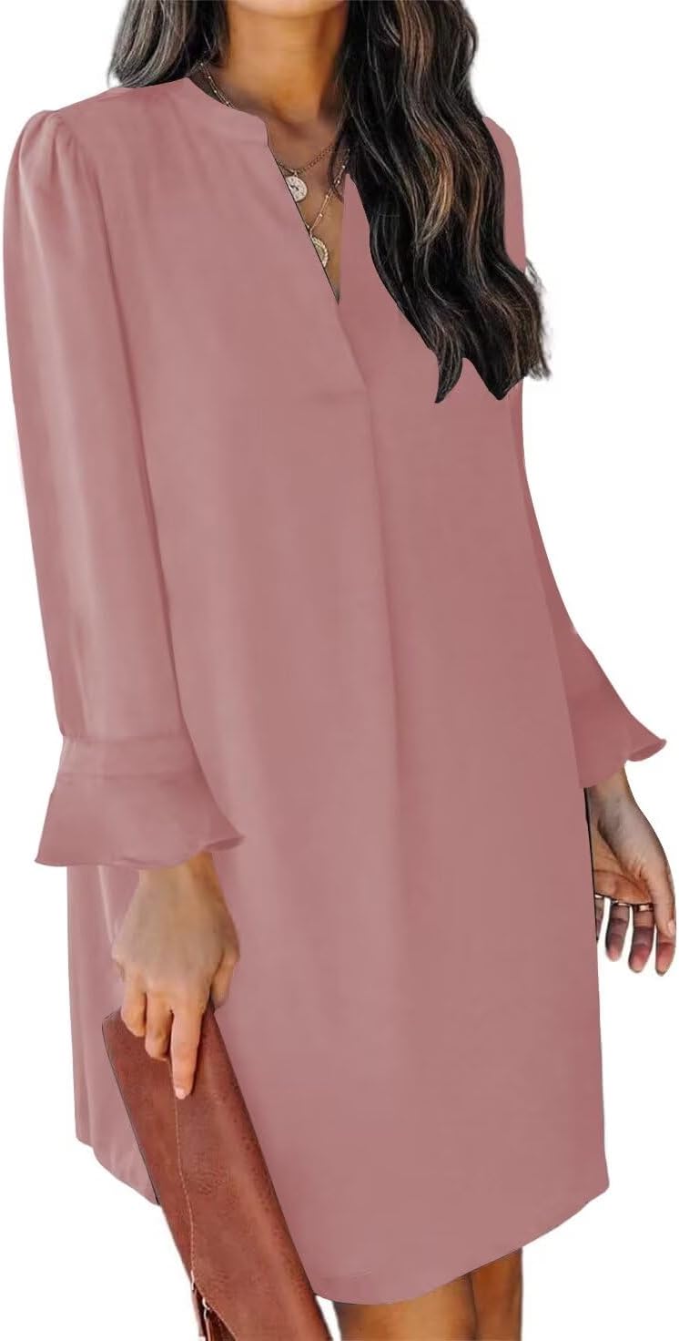 QACOHU Fall Dresses for Women - Casual V Neck Long Sleeves