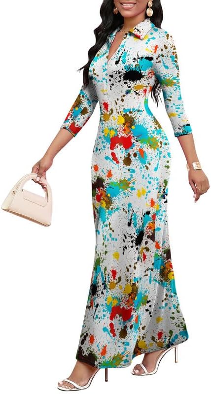 Maxi Dresses for Women Casual V Neck 3/4 Sleeve Bodycon Style