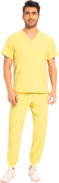 COZYFIT Men Scrubs Set Stretch V-Neck Top & Jogger Pants - 8 Pockets