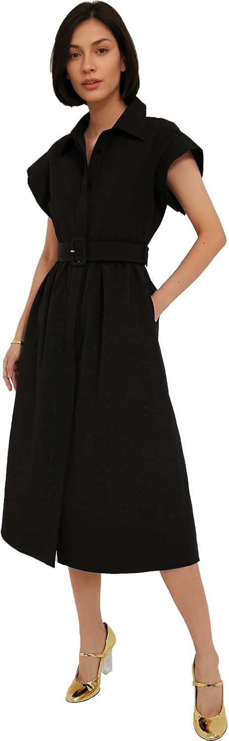 Jenkoon Women's Turn Down Collar Shirt Dress with Belt for Style