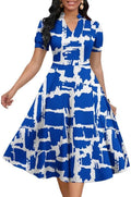 Womens Short Puff Sleeve V Neck A-Line Dress - Elegant Fit