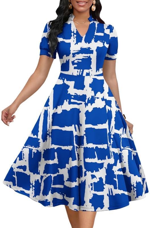 Womens Short Puff Sleeve V Neck Casual A-Line Cocktail Dress