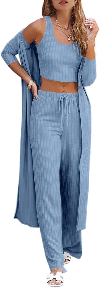 Womens 3 Piece Lounge Sets Pajamas Knit Long Sleeve Cardigan