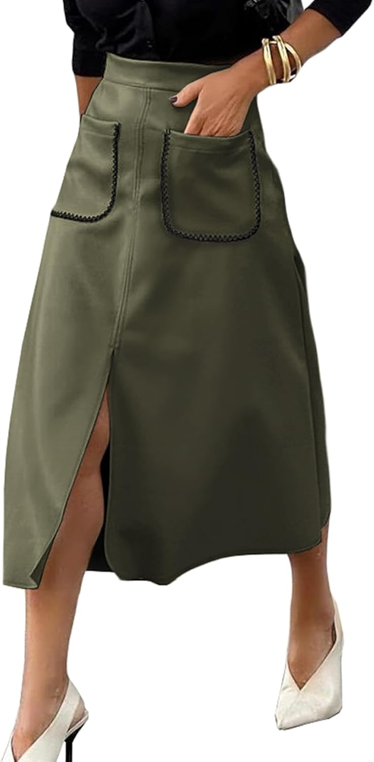 Stylish Faux Suede Midi Skirt with Pockets for Women