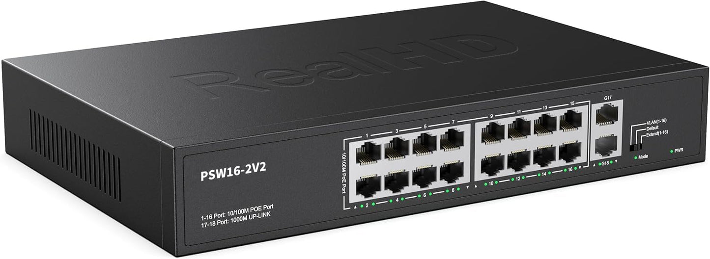 Real HD 16 Port PoE Switch with High Power 300W and Gigabit Ports