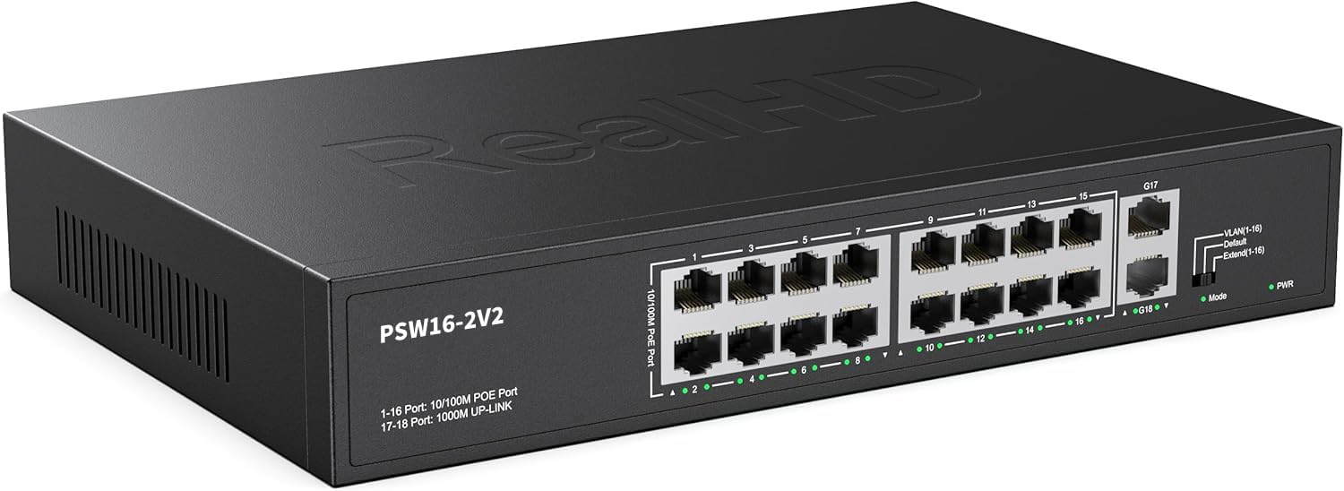 Real HD 16 Port PoE Switch with High Power 300W and Gigabit Ports