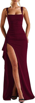 Women Formal Sleeveless Bodycon Ruched High Slit Maxi Dress - Sleek
