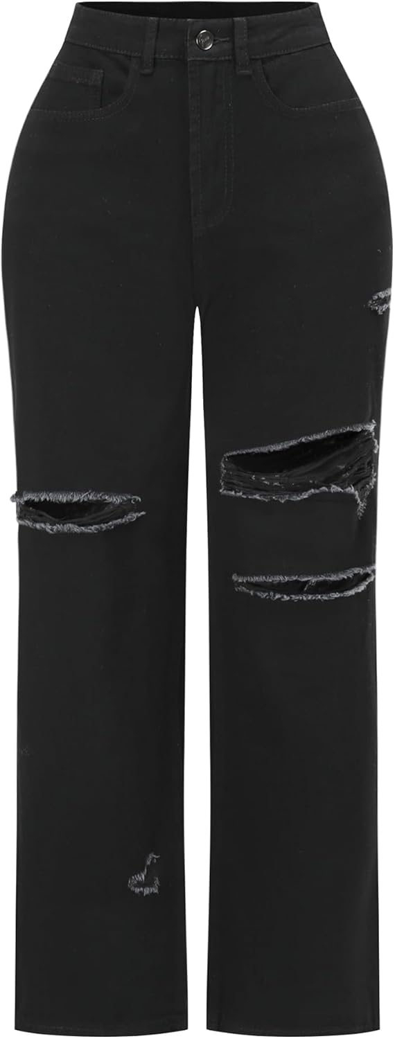 High Waisted Wide Leg Jeans for Women - Distressed Denim Style