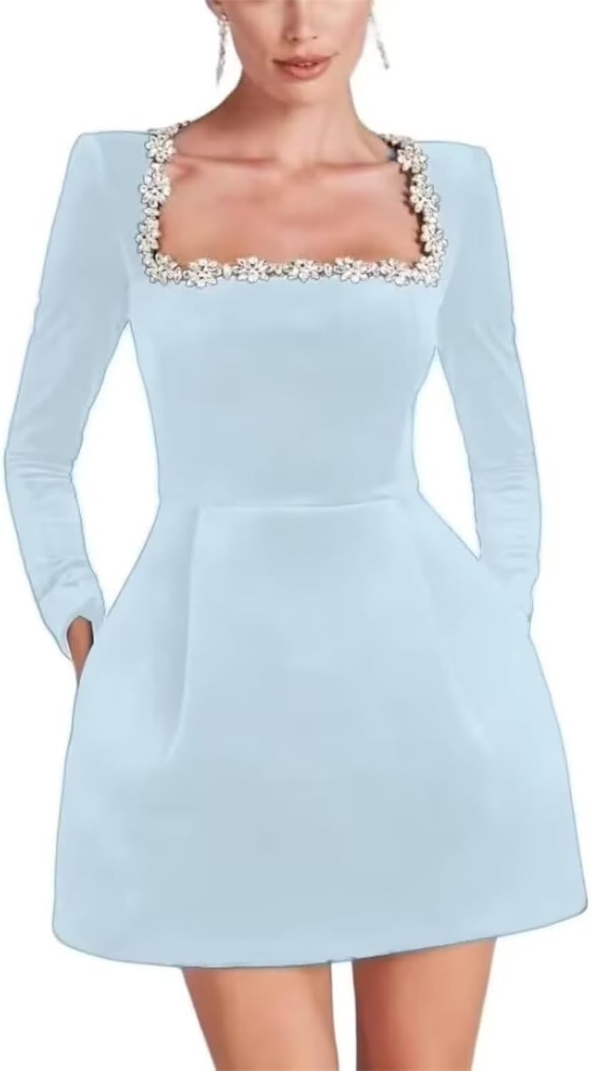 Crystal Square Neck Wedding Dresses with Long Sleeves and Pockets