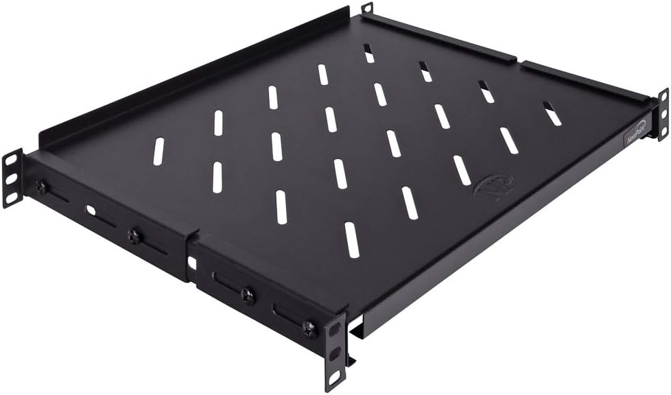 Vented 4-Post Shelf for 1U Rack, Adjustable, Black, 242 lbs