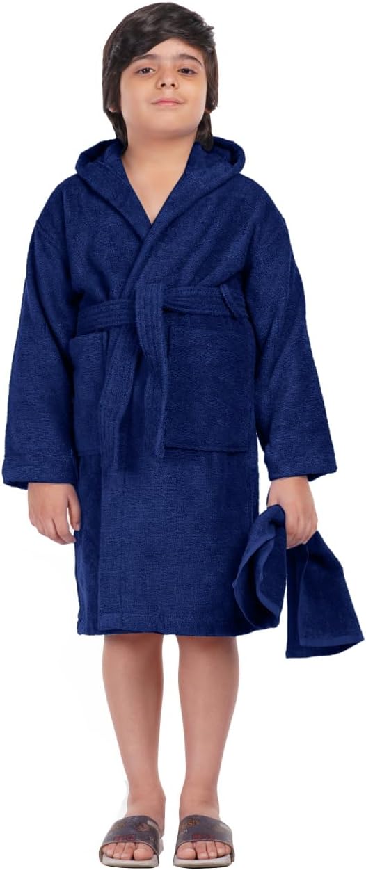 100% Cotton Hooded Kids Bathrobe - Soft Lightweight & Absorbent